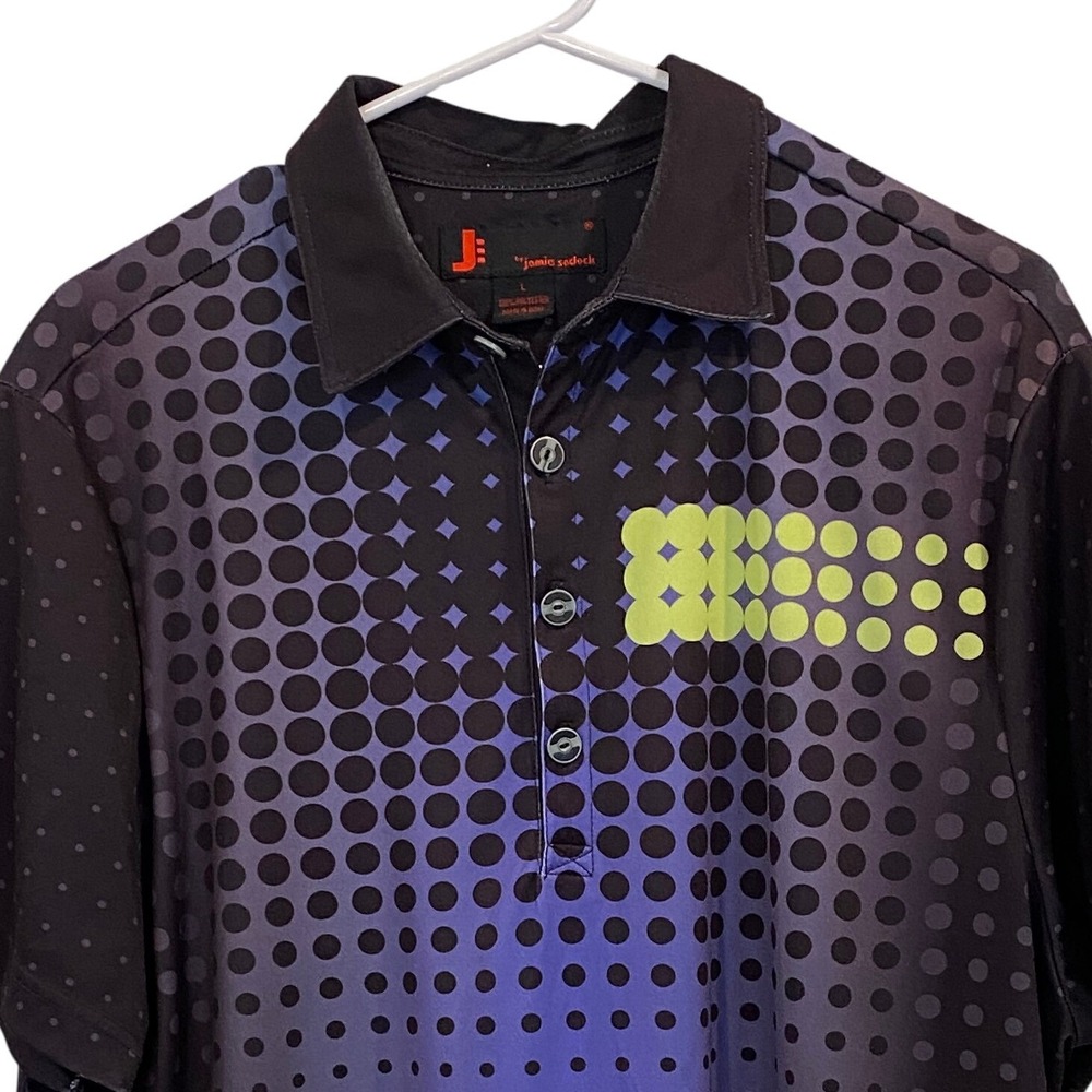 Jamie Sadock‎ Mens Large Golf Polo Shirt Purple Black Geometric Dot Gradient